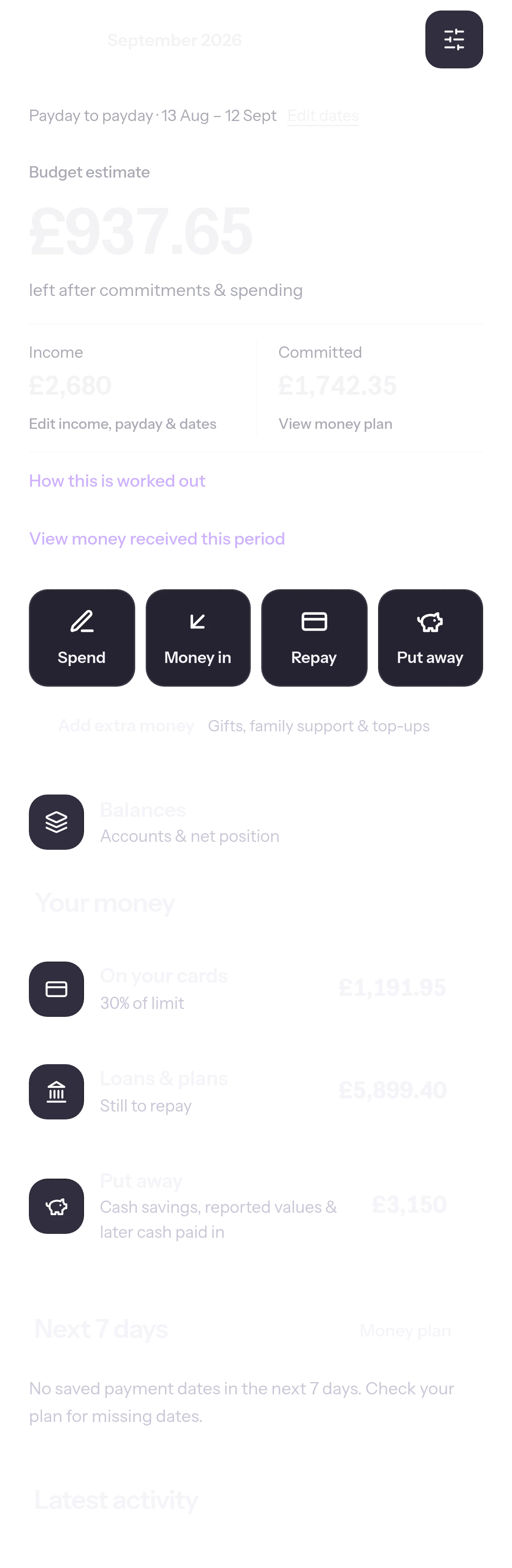 Zovora home screen: budget estimate £937.65 left after commitments and spending, from £2,680 income and £1,742.35 committed