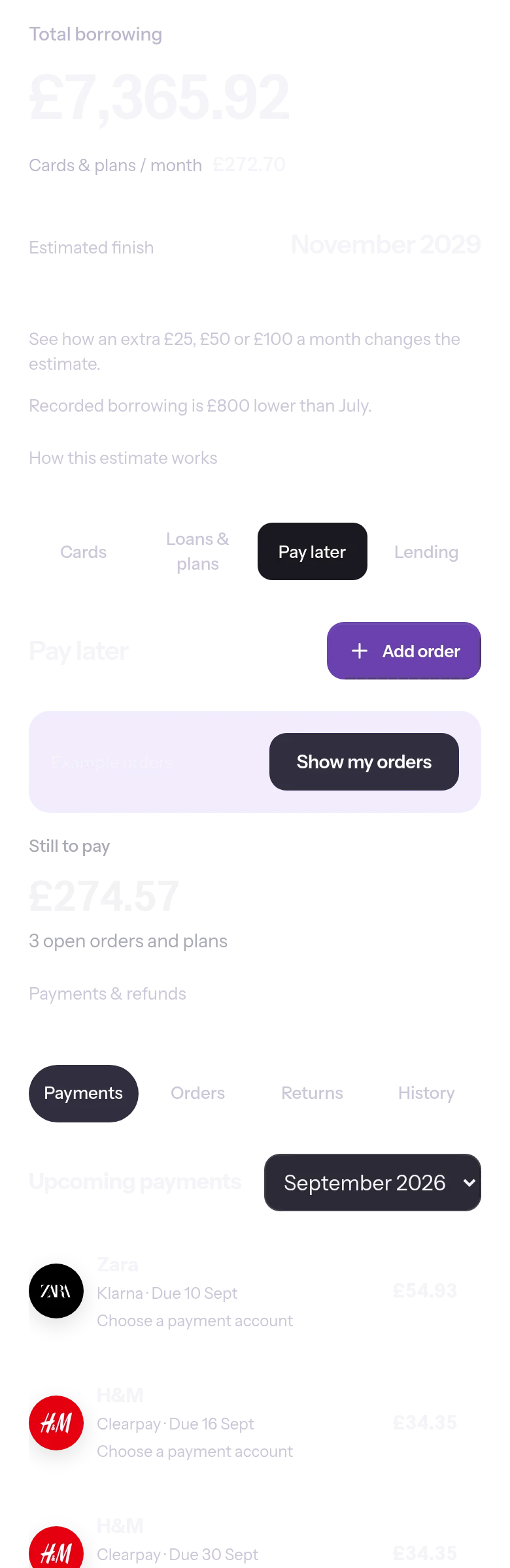 Pay later screen: open orders and what is still to pay