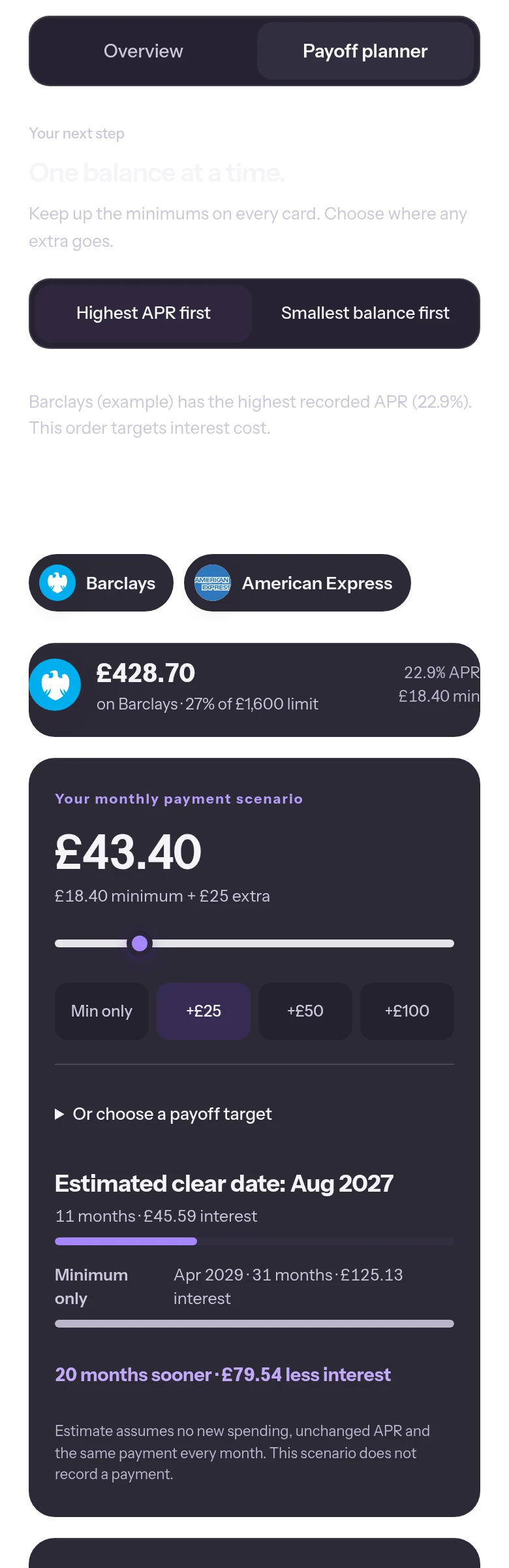 Payoff planner screen: paying £25 more a month moves the clear date 20 months sooner