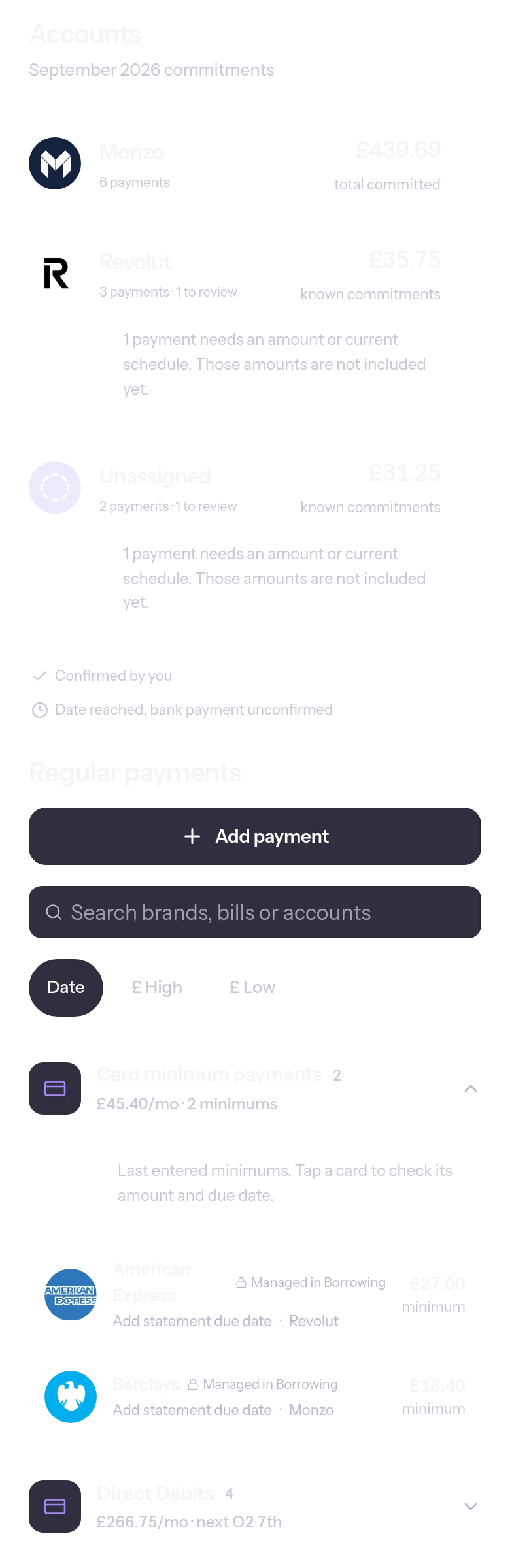 Money plan: commitments grouped by account