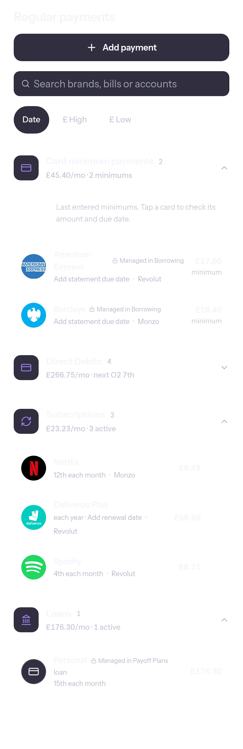 Money plan: regular payments in one list