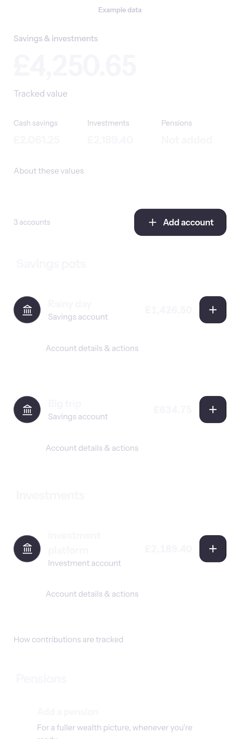 Save and invest screen: savings and investments £4,250.65 tracked, pots, investment account and pensions